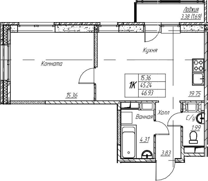 1-комнатная квартира 46.93 м², 17/22 эт., ЖК «Парк-квартал Юнтолово»